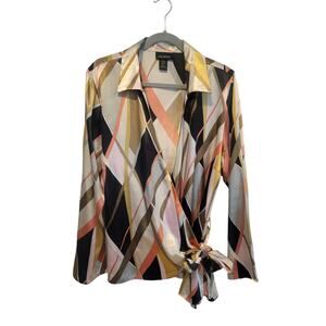 Lane Bryant 18/20 Abstract Colorful Silky Satin LS Wrap Blouse Office Siren Boss